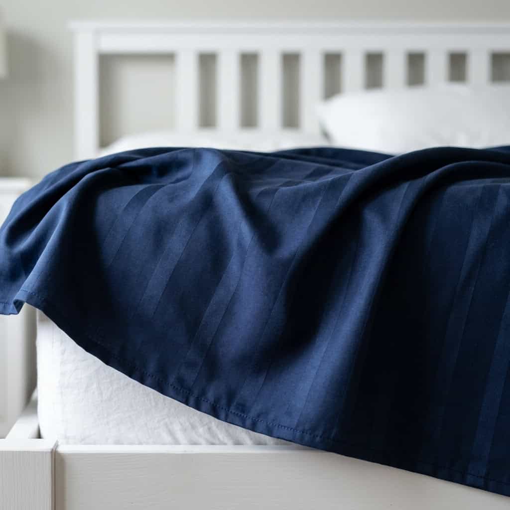 Close-up of navy blue cotton bedsheet fabric with a subtle stripe weave
