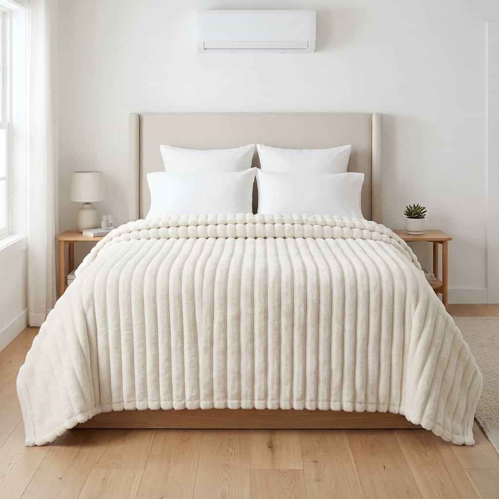 Off-white ribbed fleece AC blanket covering a double bed, 200 x 240 cm