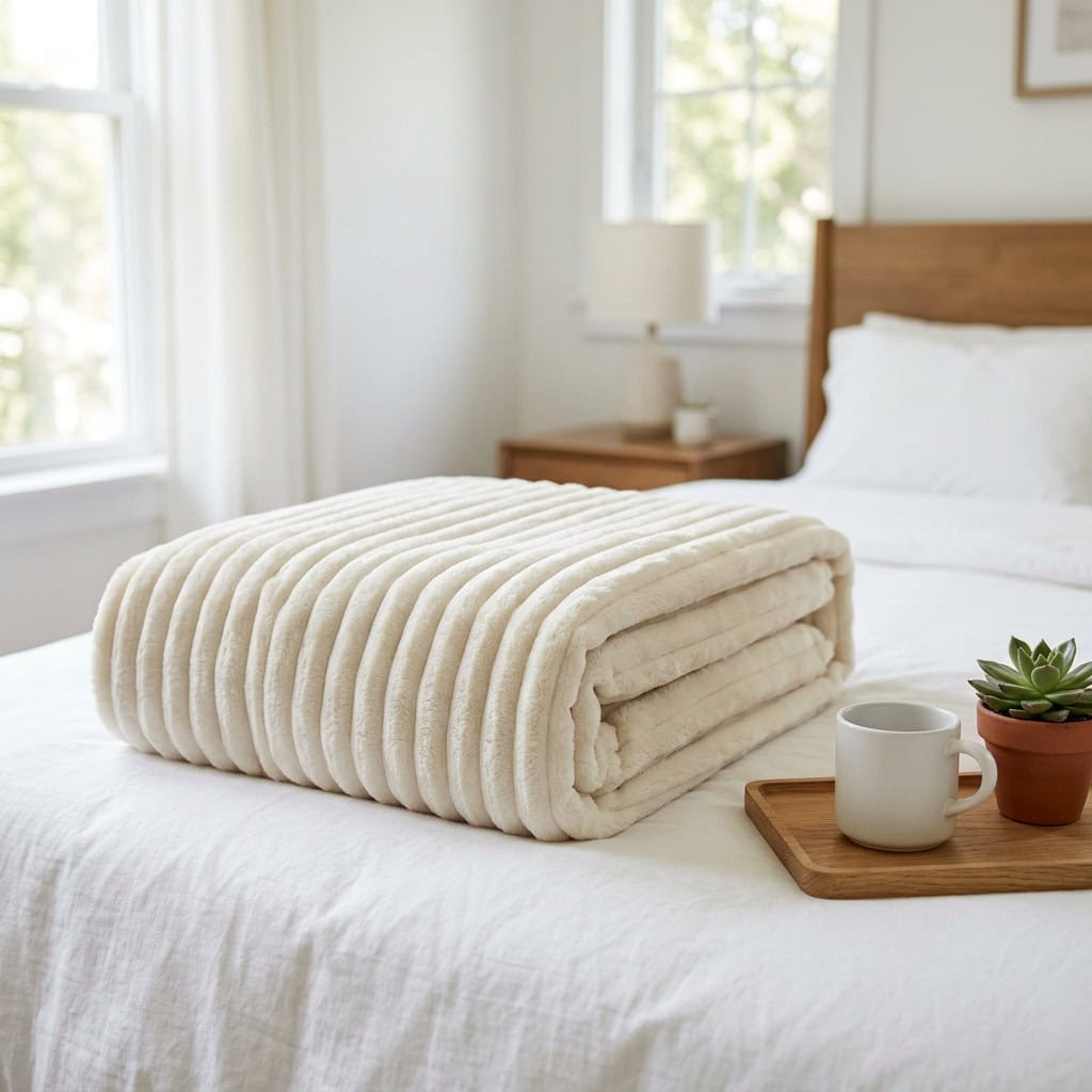 Off-white ribbed fleece AC blanket folded on a bed
