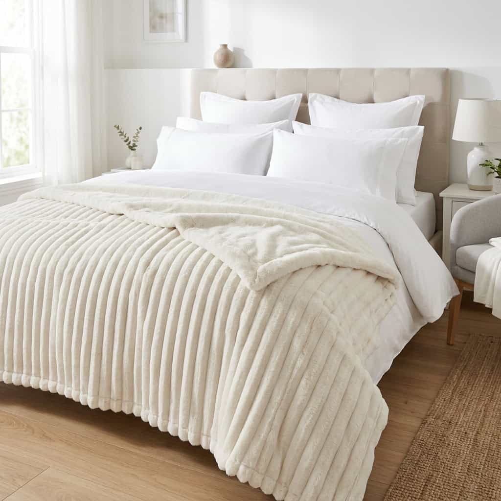 Off-white AC blanket turned back on a made bed, showing its soft ribs