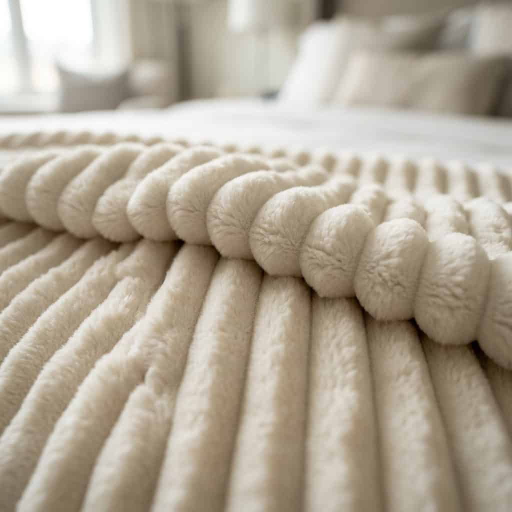 Close-up of the ribbed fleece texture of an off-white AC blanket