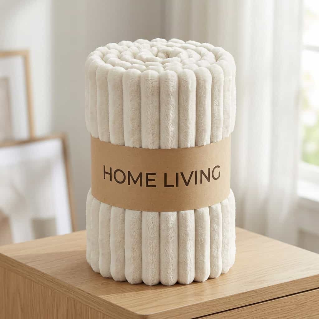 Rolled off-white ribbed fleece AC blanket with a Home Living label