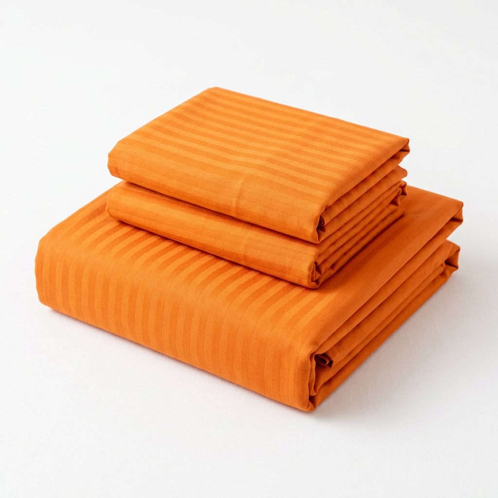 Folded orange bedsheet set: fitted sheet and 2 pillow covers