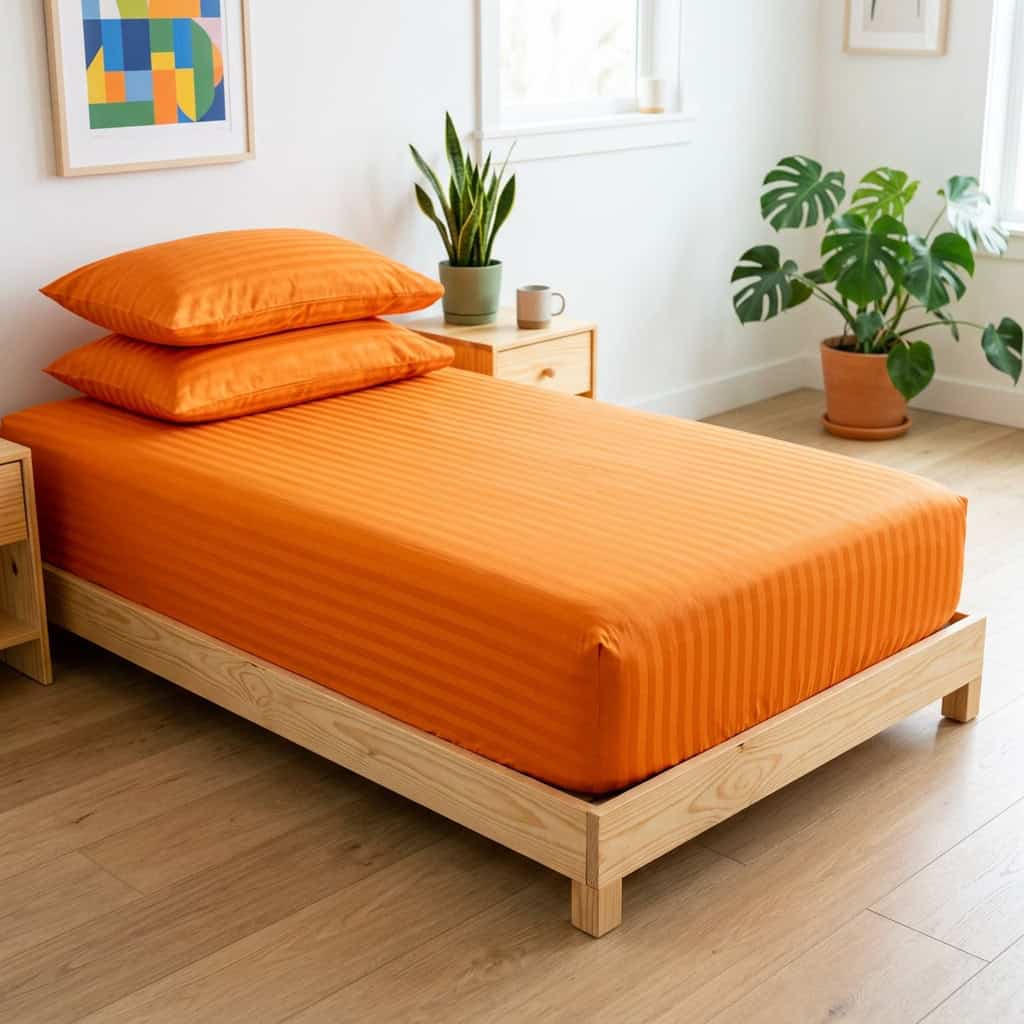 Orange king size fitted bedsheet set on a bed, angled view