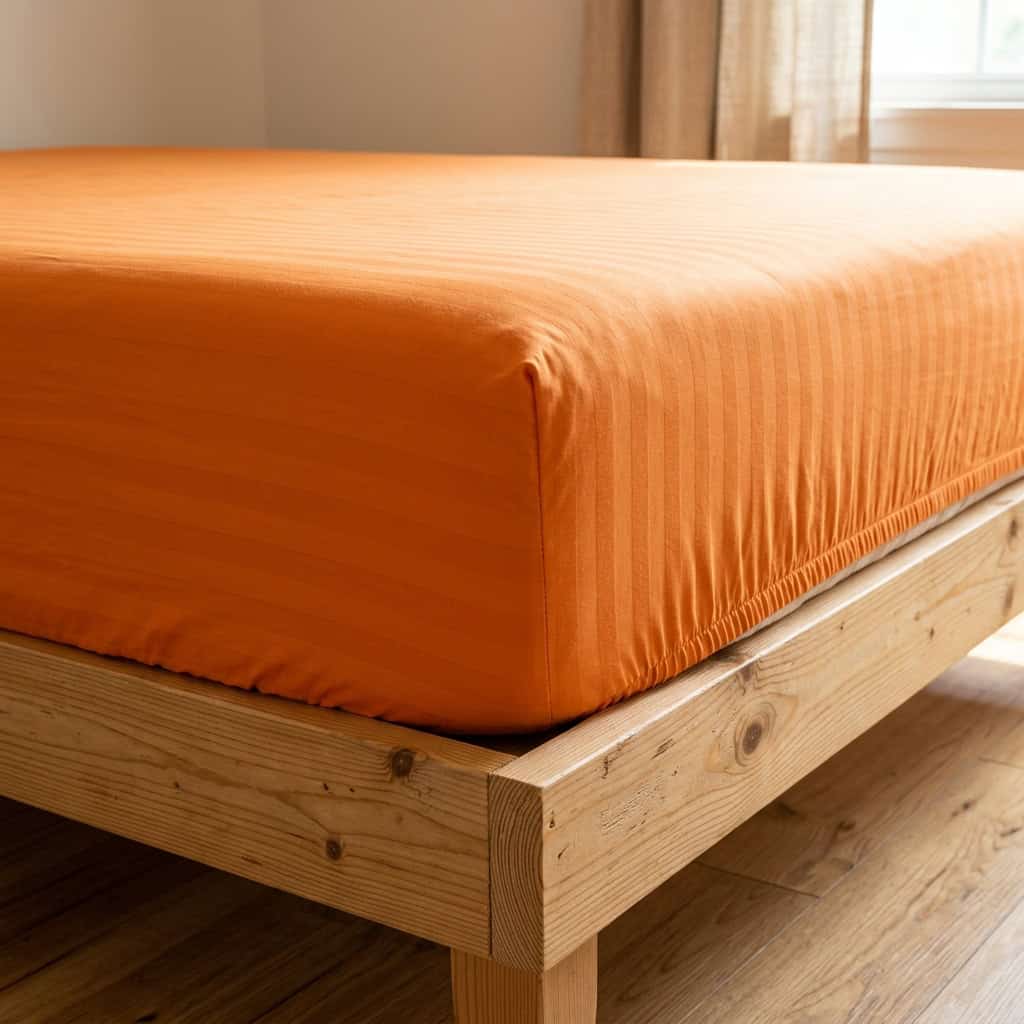 Orange fitted sheet with elastic sides around a mattress corner