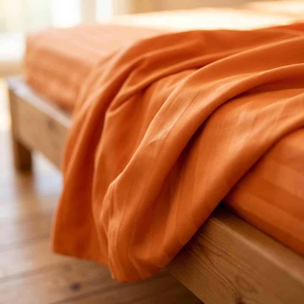 Close-up of orange cotton bedsheet fabric with a subtle stripe weave