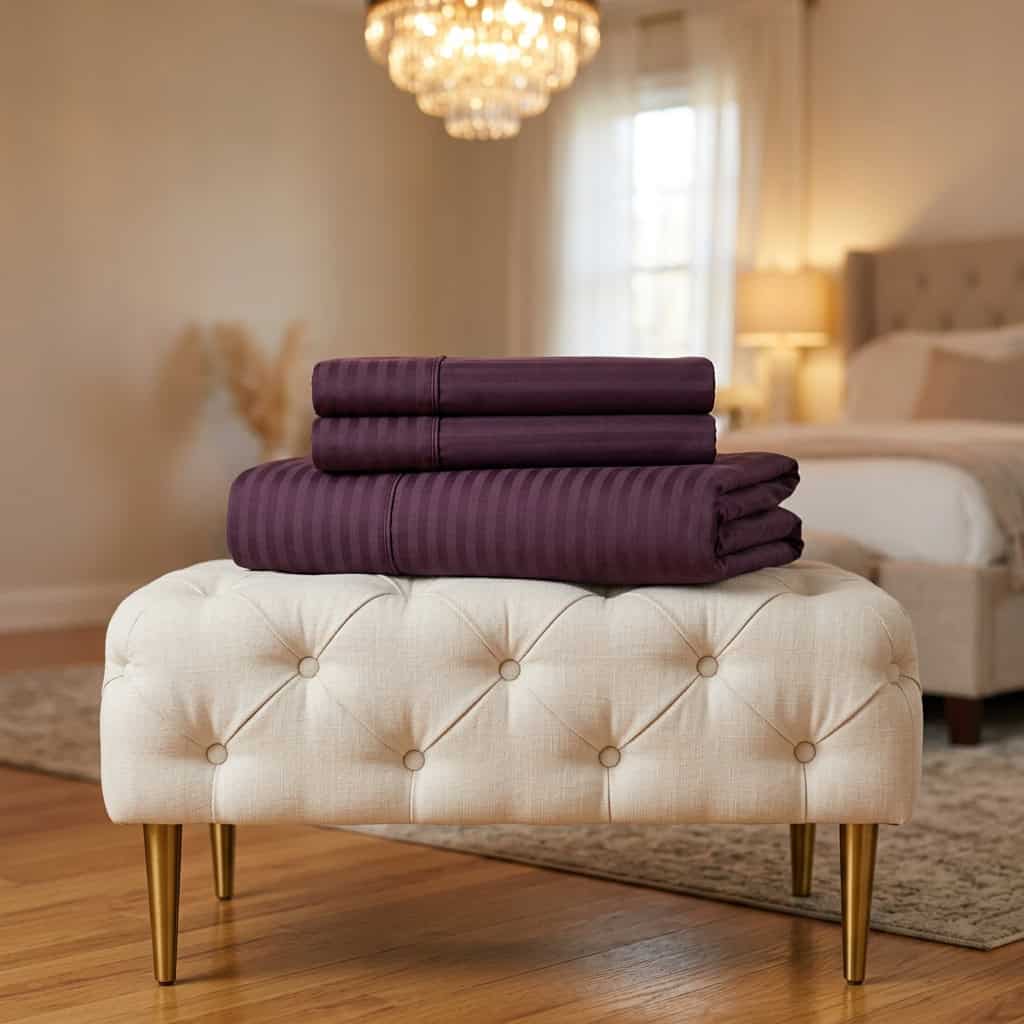 Folded plum bedsheet set: fitted sheet and 2 pillow covers