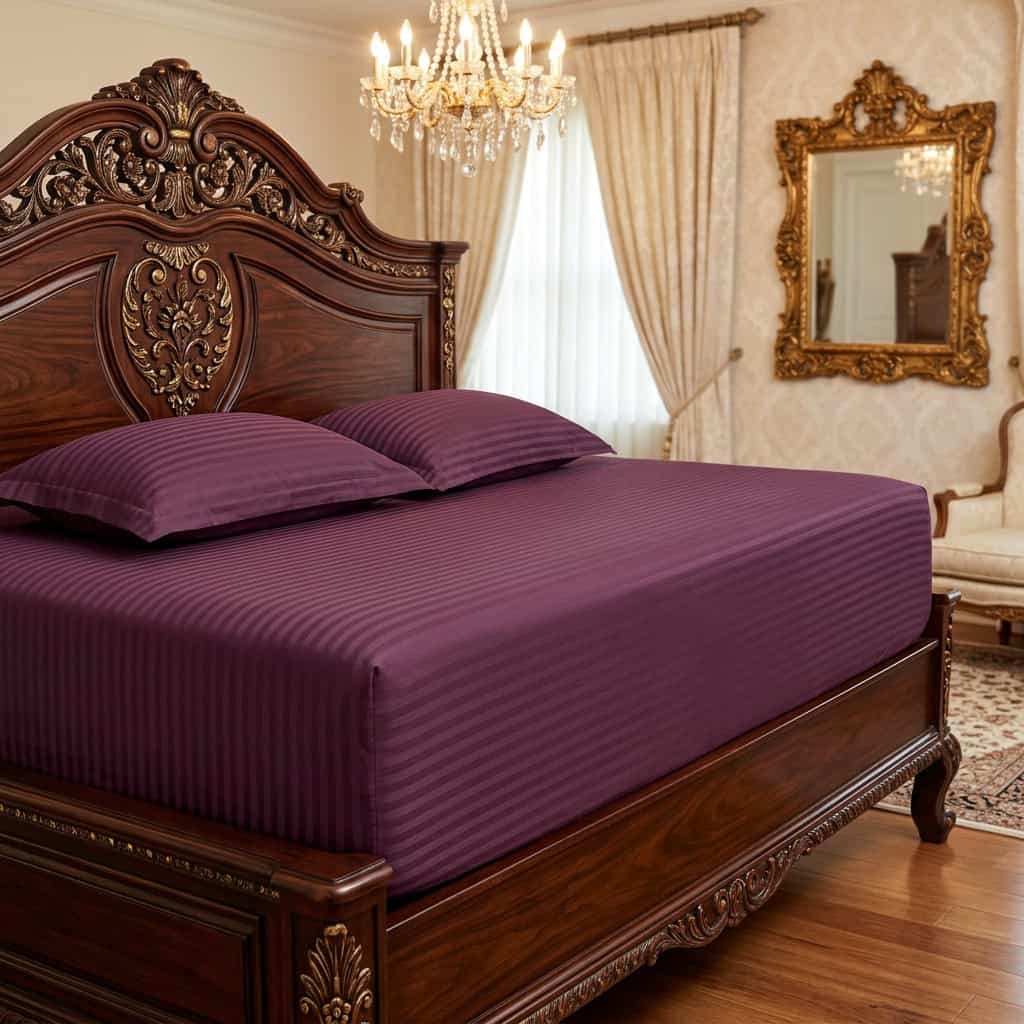 Plum king size fitted bedsheet set on a bed, angled view