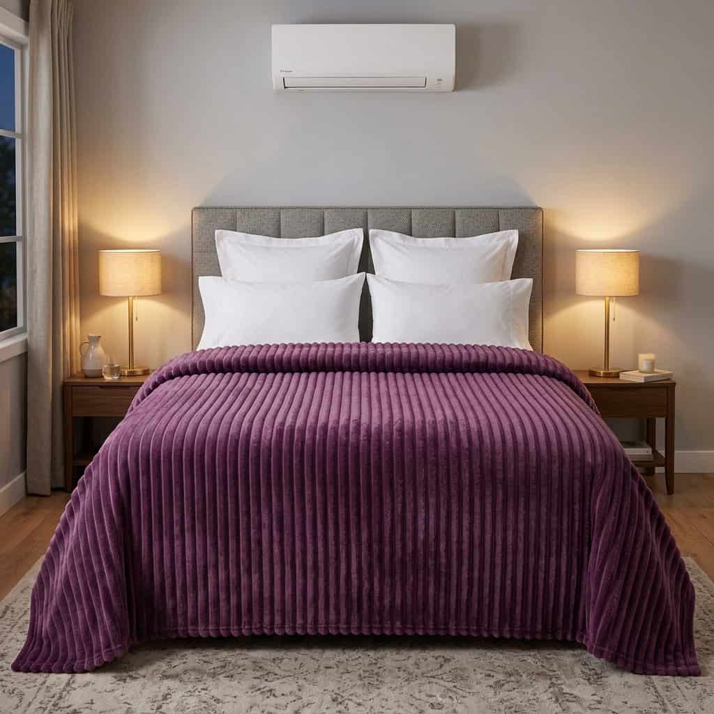 Purple ribbed fleece AC blanket covering a double bed, 200 x 240 cm