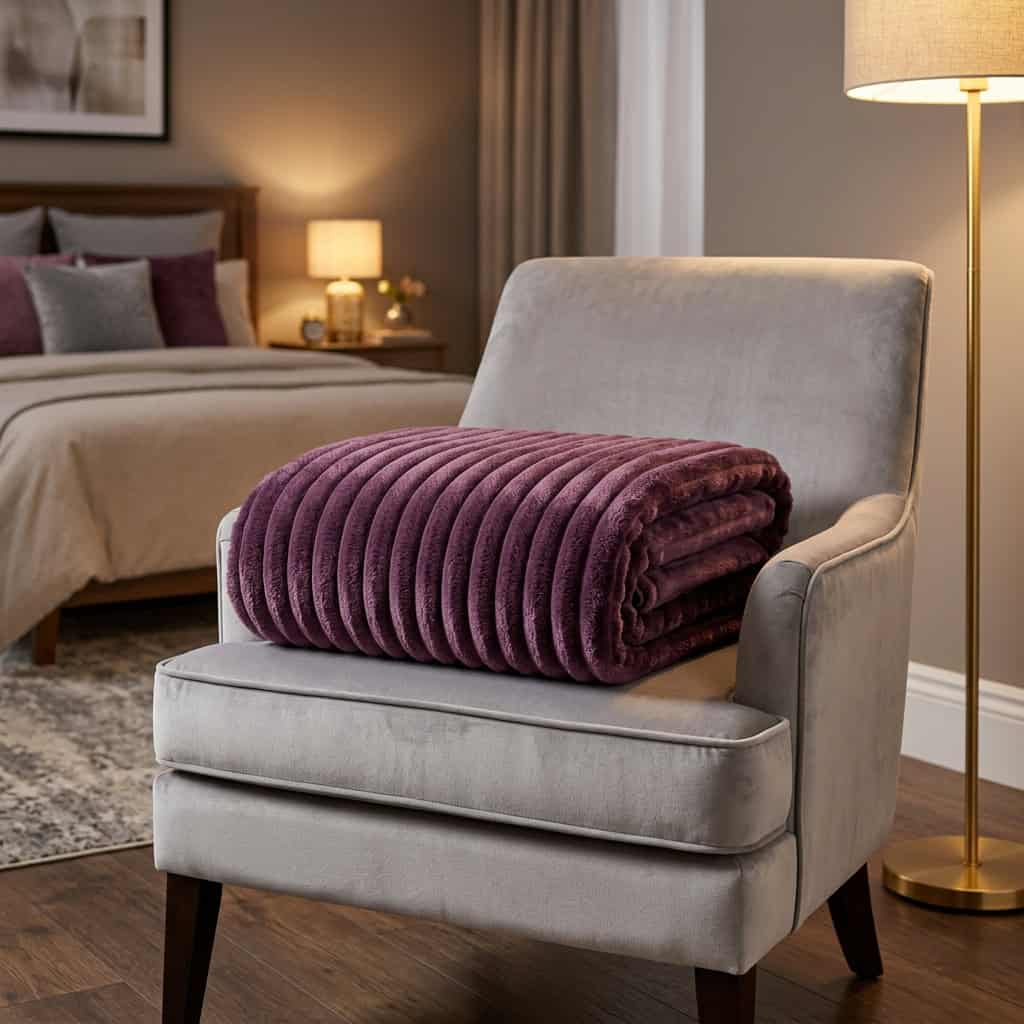 Purple ribbed fleece AC blanket folded over an armchair