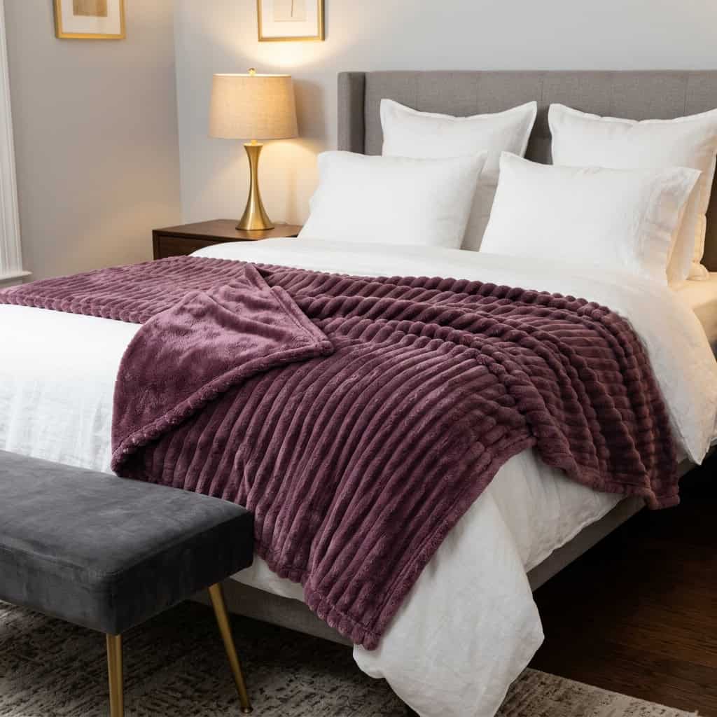 Purple AC blanket turned back on a made bed, showing its soft ribs