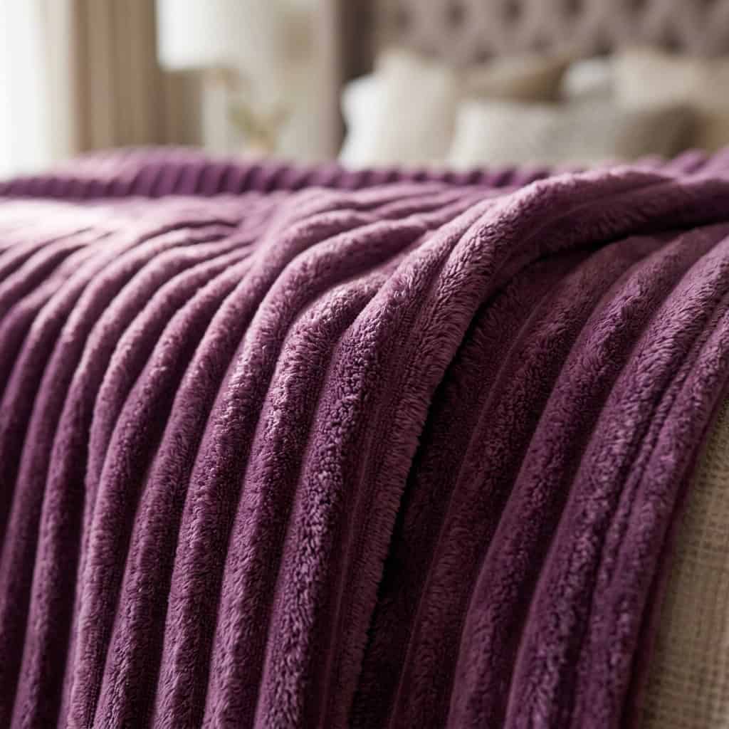 Close-up of the ribbed fleece texture of a purple AC blanket