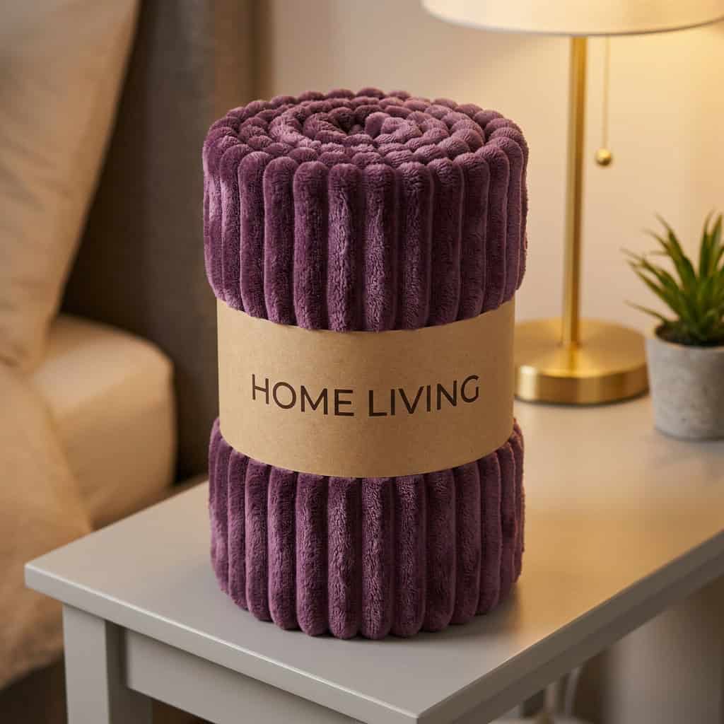 Rolled purple ribbed fleece AC blanket with a Home Living label