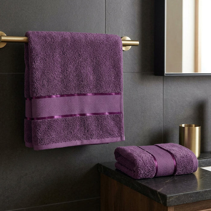 Purple cotton bath towels hanging in a bathroom, Home Living 2 piece towel set