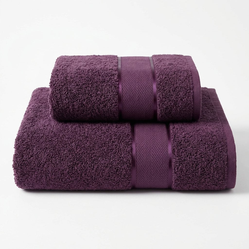 Purple large (30 x 90) and medium (30 x 60) cotton towels folded and stacked
