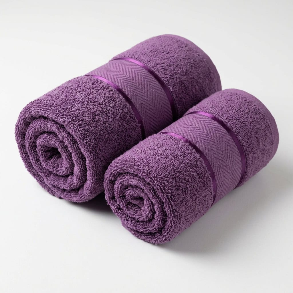 Two rolled purple cotton towels from the 2 piece towel set
