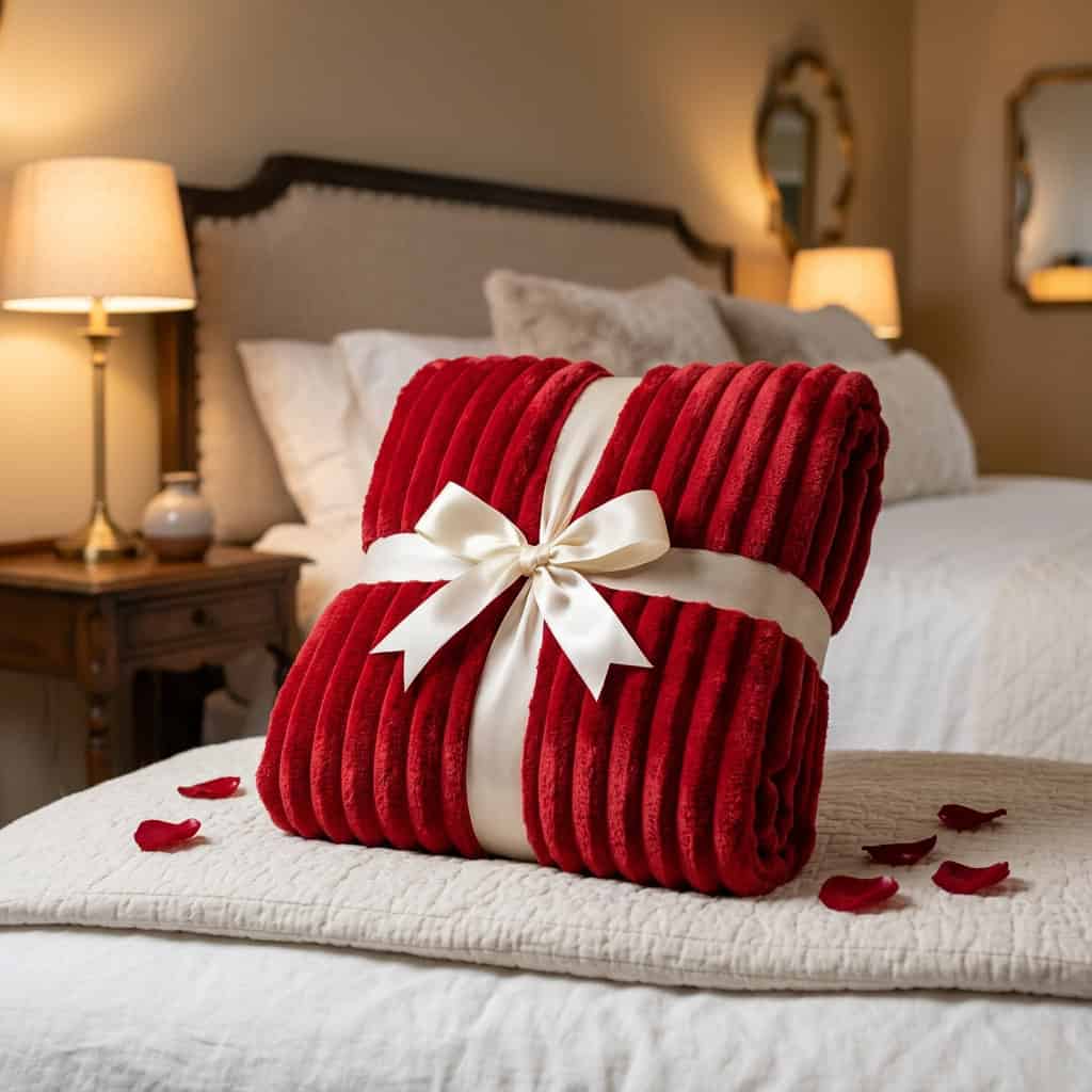 Red ribbed fleece AC blanket folded and tied with a ribbon as a gift