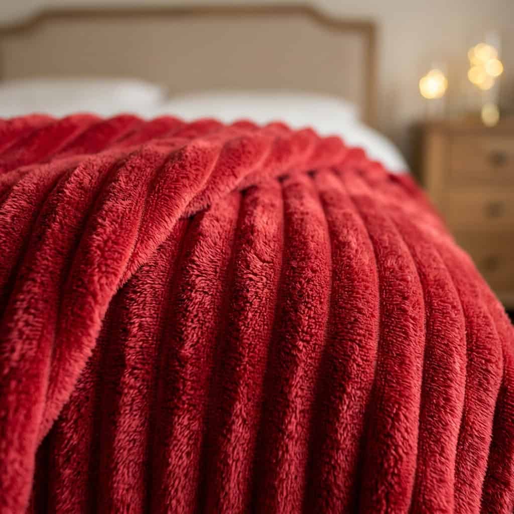 Close-up of the ribbed fleece texture of a red AC blanket