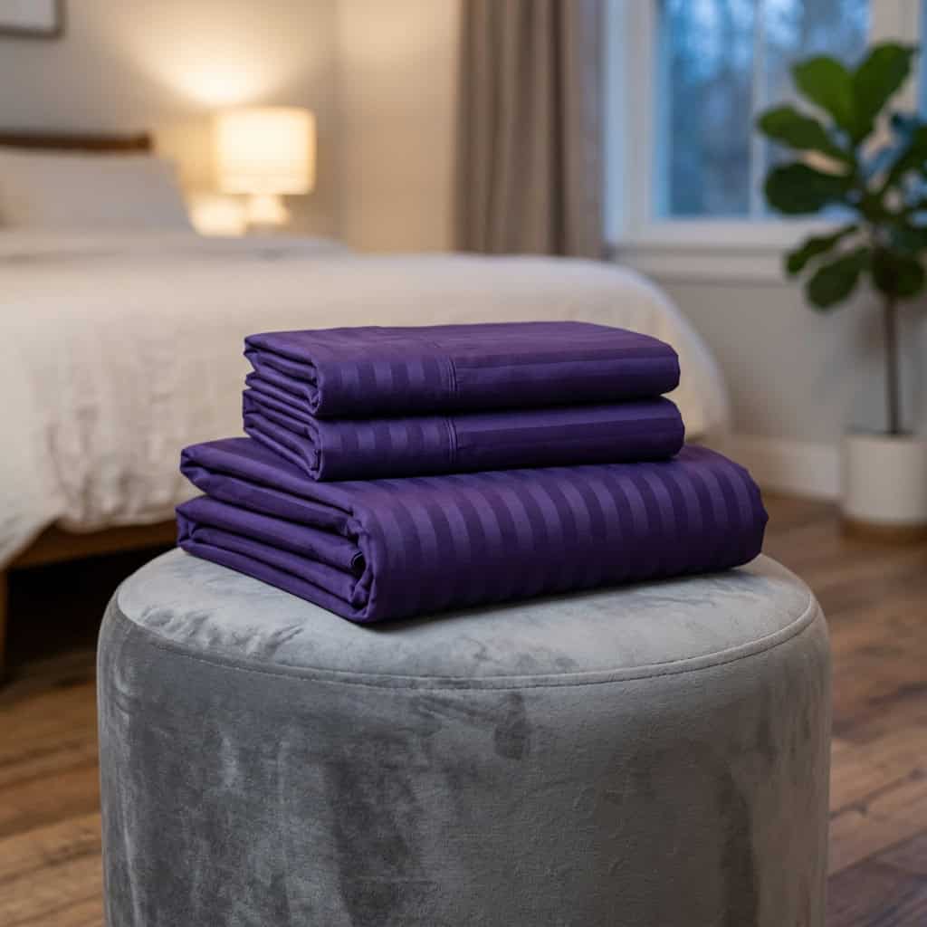 Folded royal purple bedsheet set: fitted sheet and 2 pillow covers