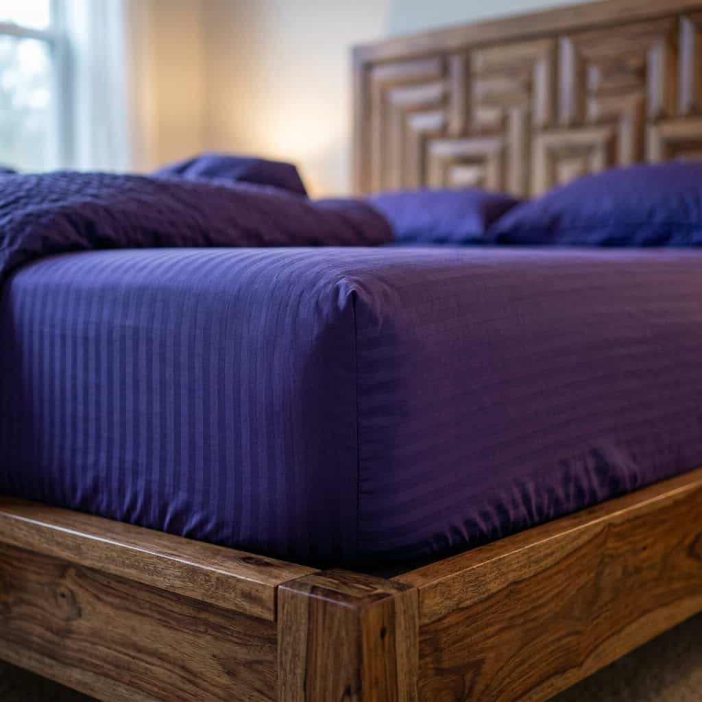 Royal purple fitted sheet with elastic sides around a mattress corner
