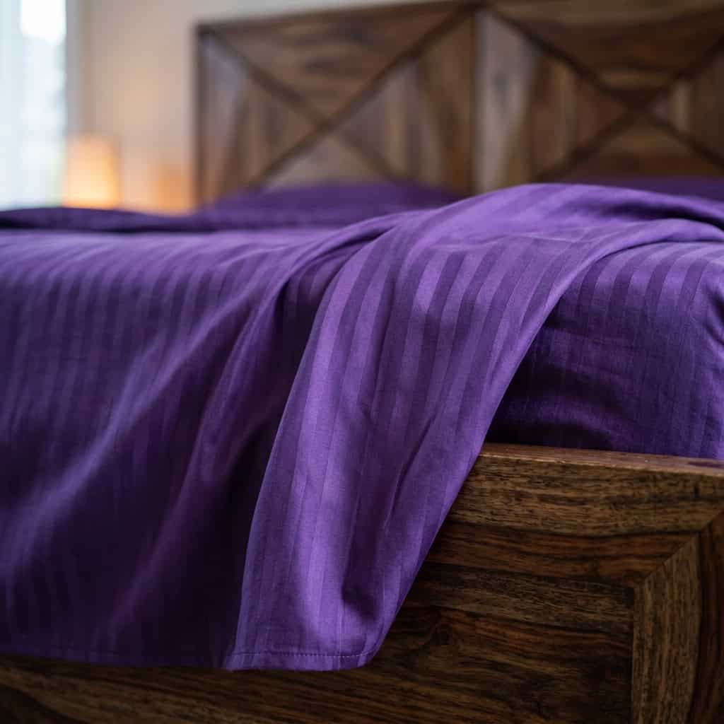 Close-up of royal purple cotton bedsheet fabric with a subtle stripe weave