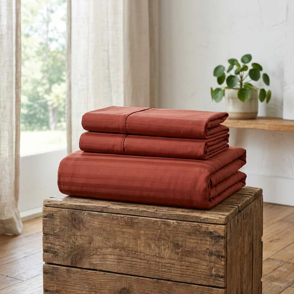 Folded rust red bedsheet set: fitted sheet and 2 pillow covers