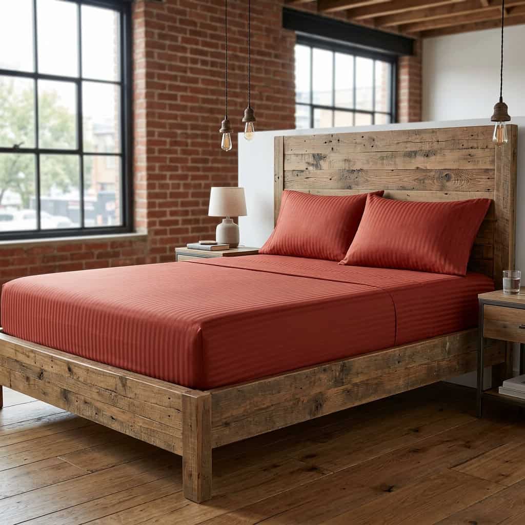 Rust red king size fitted bedsheet set on a bed, angled view