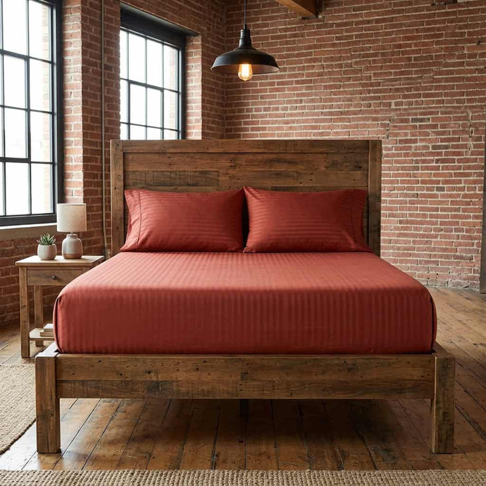 Rust red cotton fitted bedsheet with 2 pillow covers on a king size bed