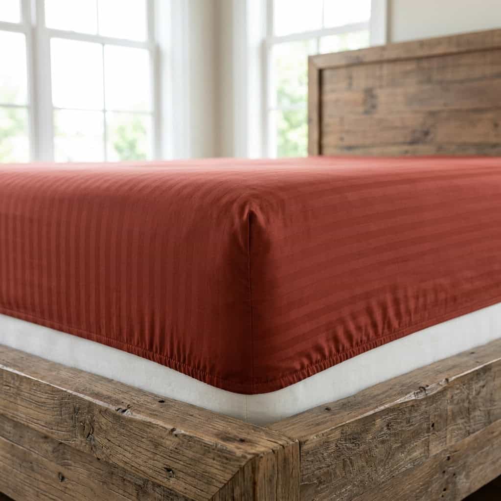 Rust red fitted sheet with elastic sides around a mattress corner