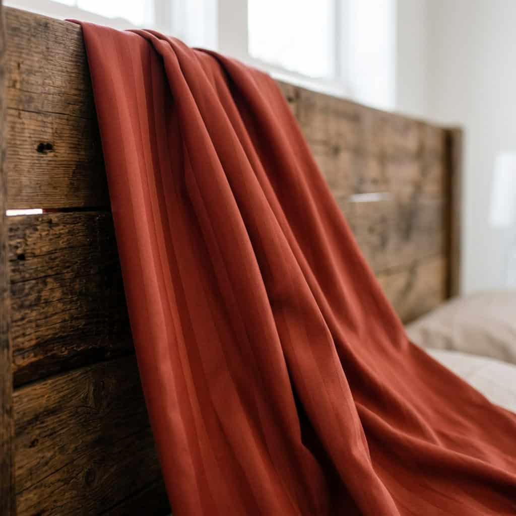Close-up of rust red cotton bedsheet fabric with a subtle stripe weave