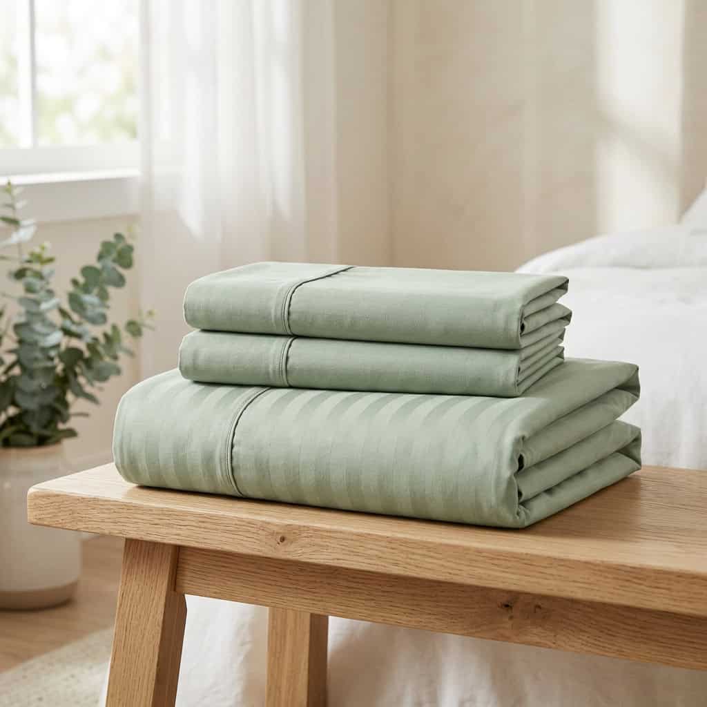 Folded sage green bedsheet set: fitted sheet and 2 pillow covers