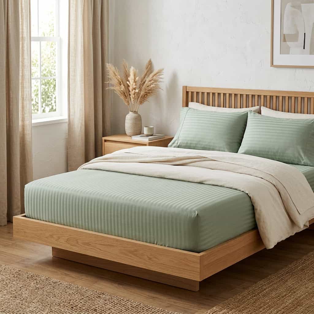 Sage green king size fitted bedsheet set on a bed, angled view