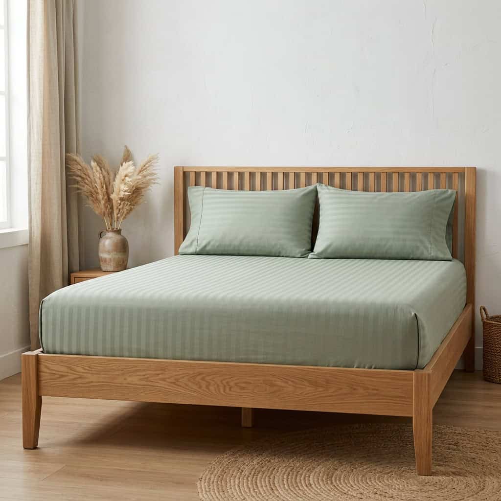 Sage green cotton fitted bedsheet with 2 pillow covers on a king size bed