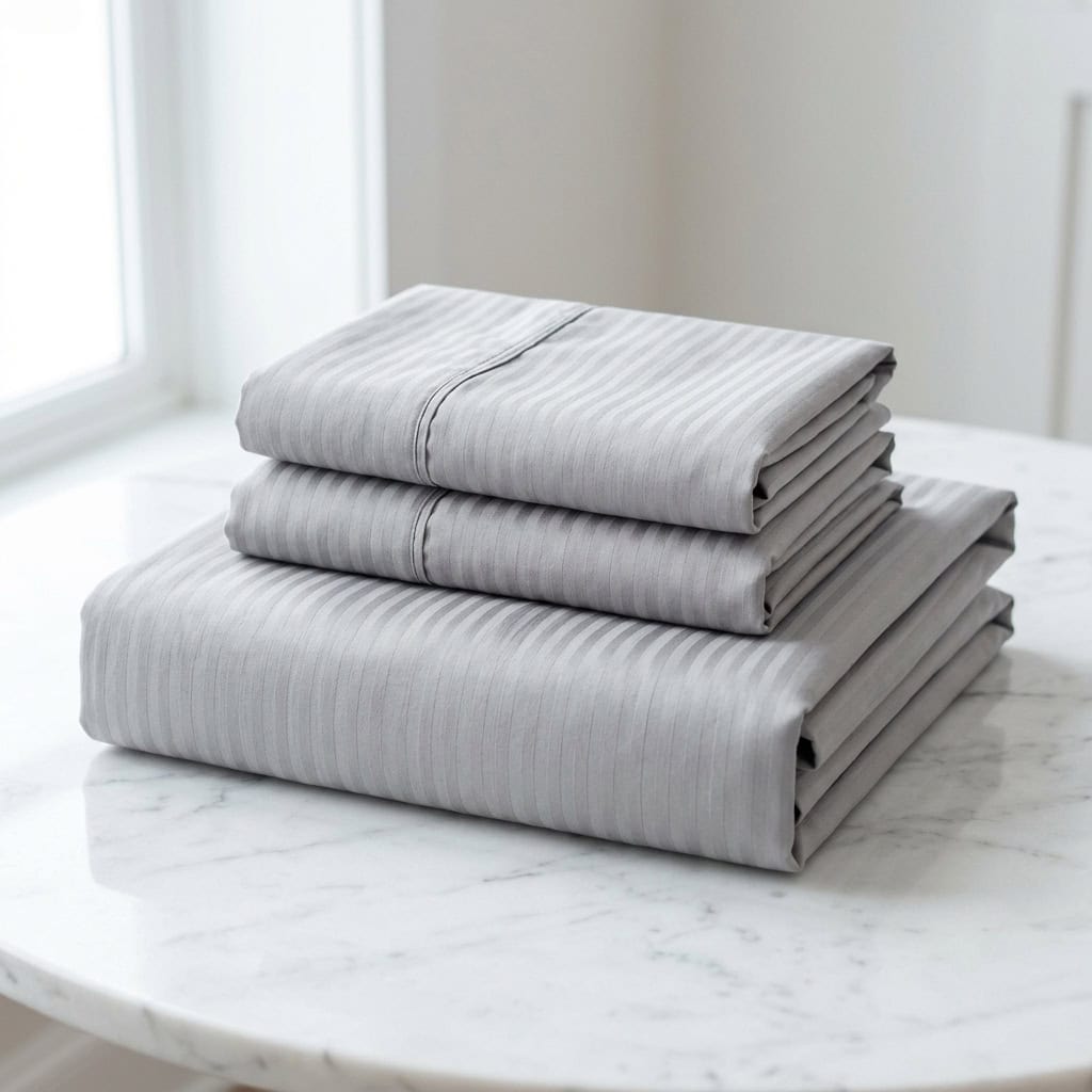 Folded silver grey bedsheet set: fitted sheet and 2 pillow covers