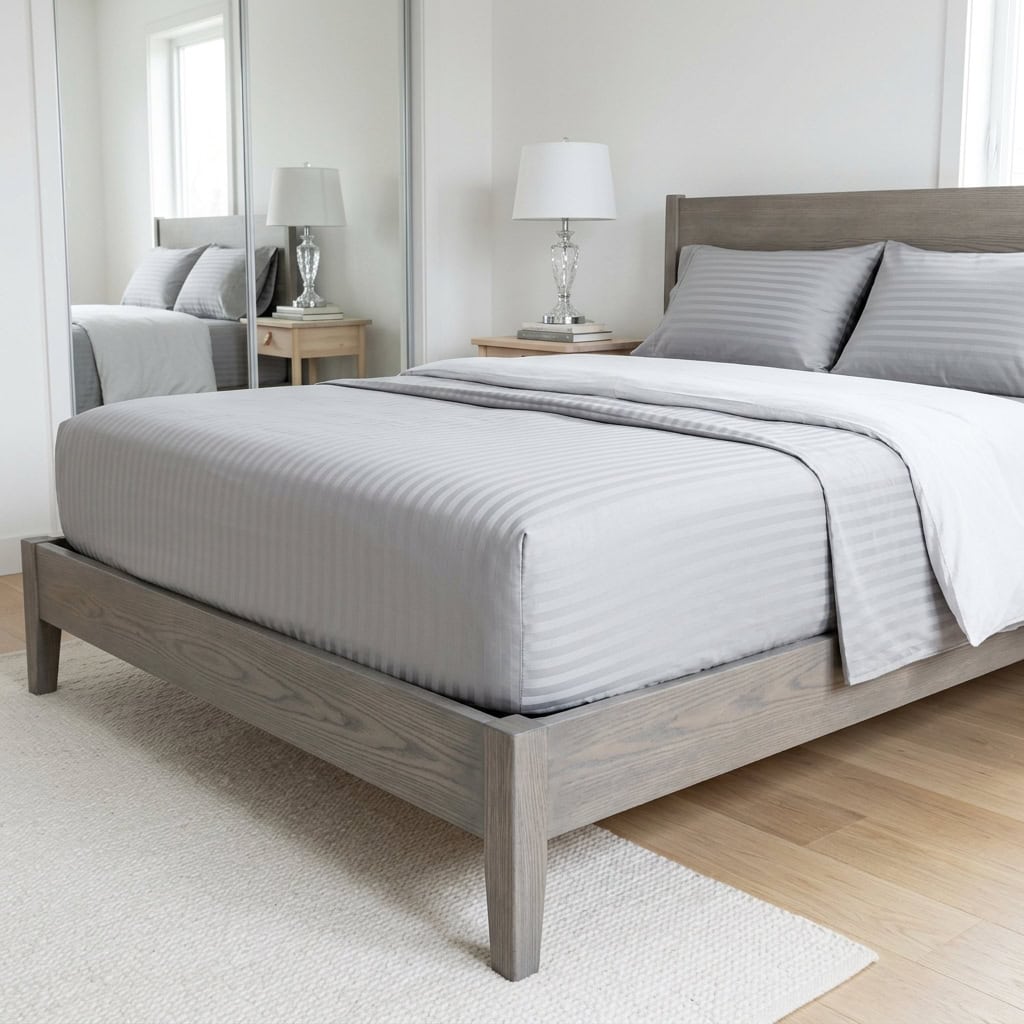 Silver grey king size fitted bedsheet set on a bed, angled view