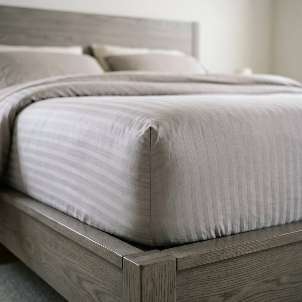 Silver grey fitted sheet with elastic sides around a mattress corner