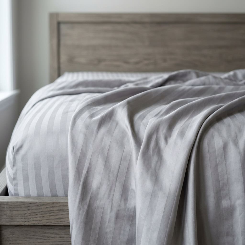 Close-up of silver grey cotton bedsheet fabric with a subtle stripe weave