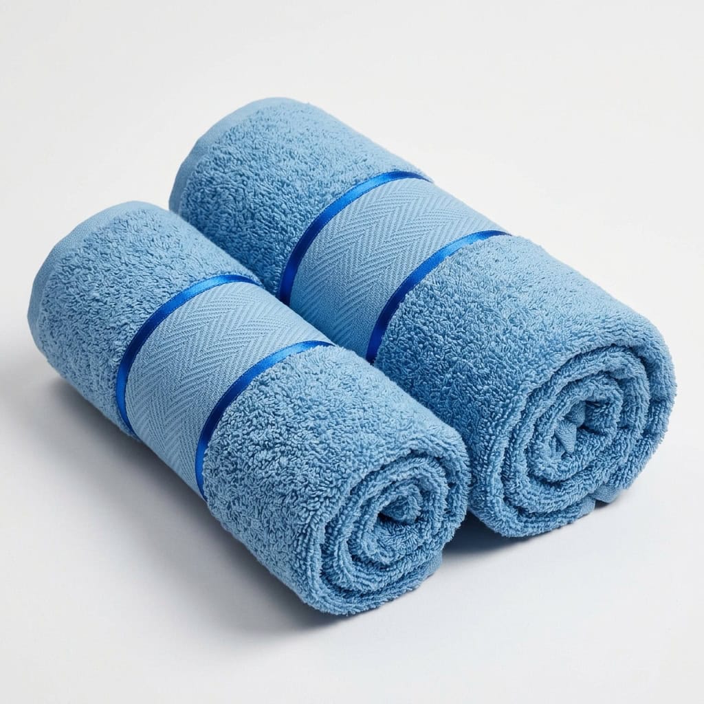 Two rolled sky blue cotton towels from the 2 piece towel set