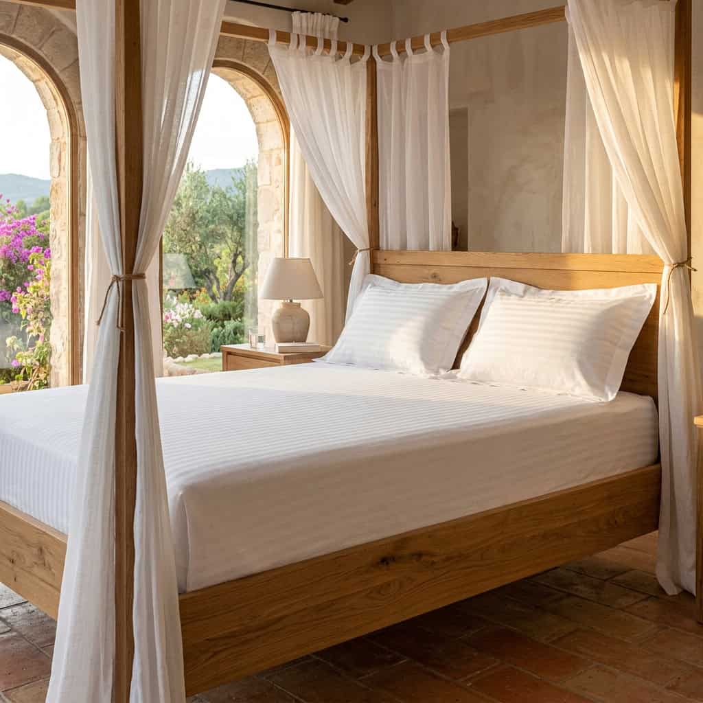 White king size fitted bedsheet set on a bed, angled view