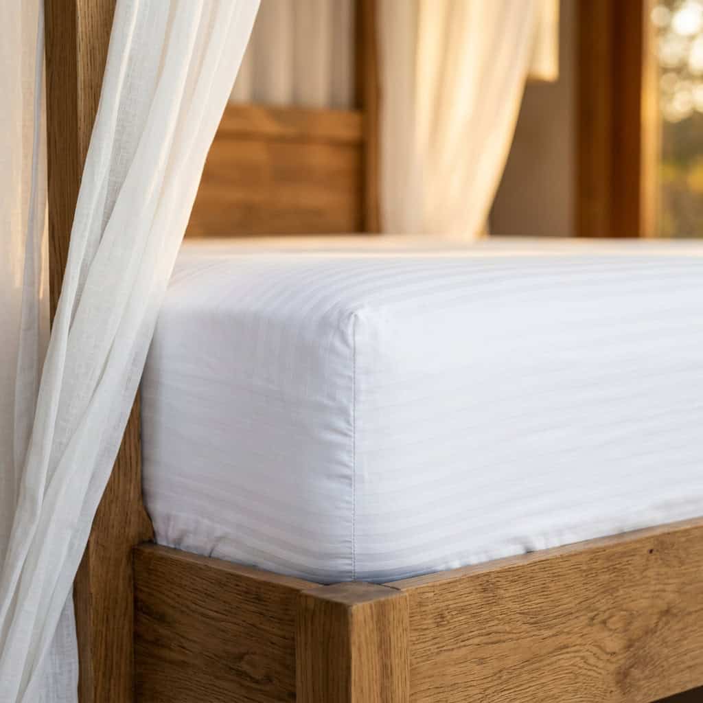 White fitted sheet with elastic sides around a mattress corner