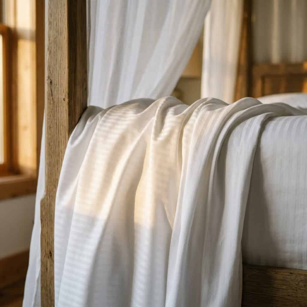 Close-up of white cotton bedsheet fabric with a subtle stripe weave